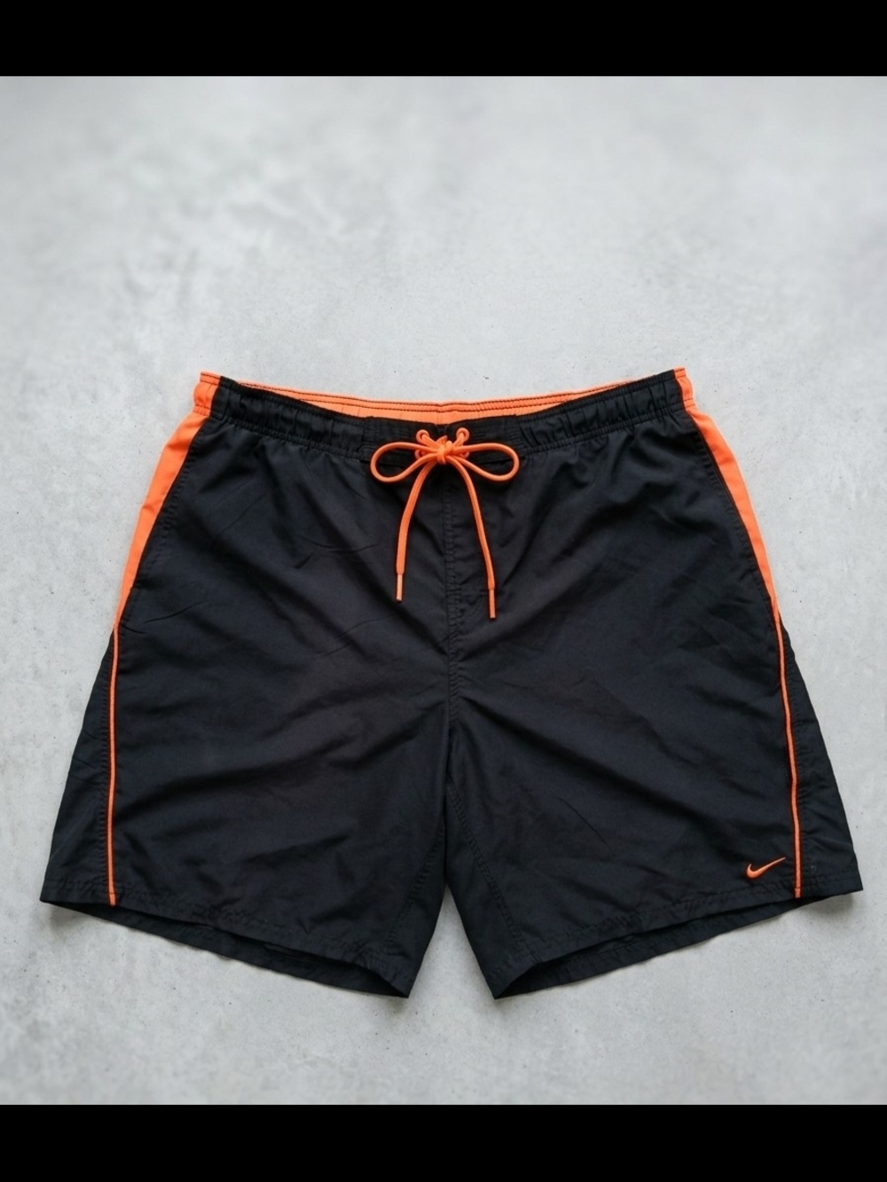 Nike Black Swim/Workout Shorts with Orange Trim Size XL Swoosh Logo Embroidered